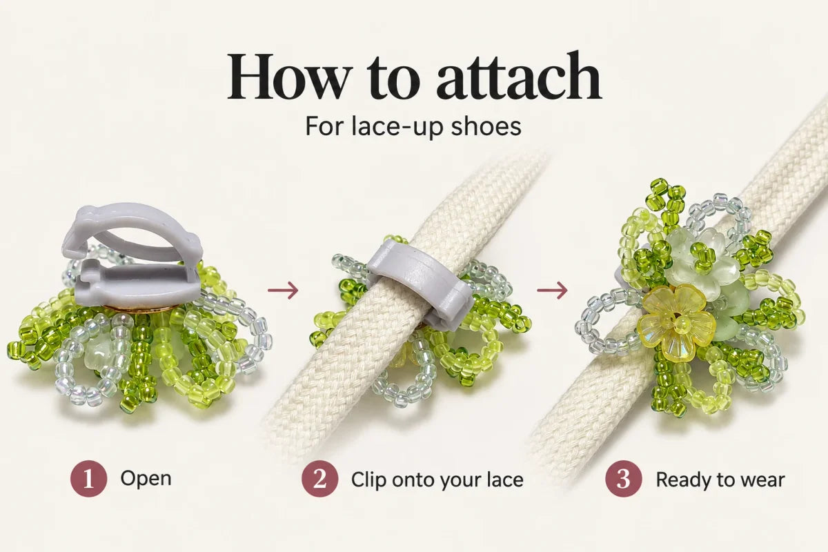 Clip attachment in three steps: open the fitting, close it around a shoelace, then turn the flower to face up.