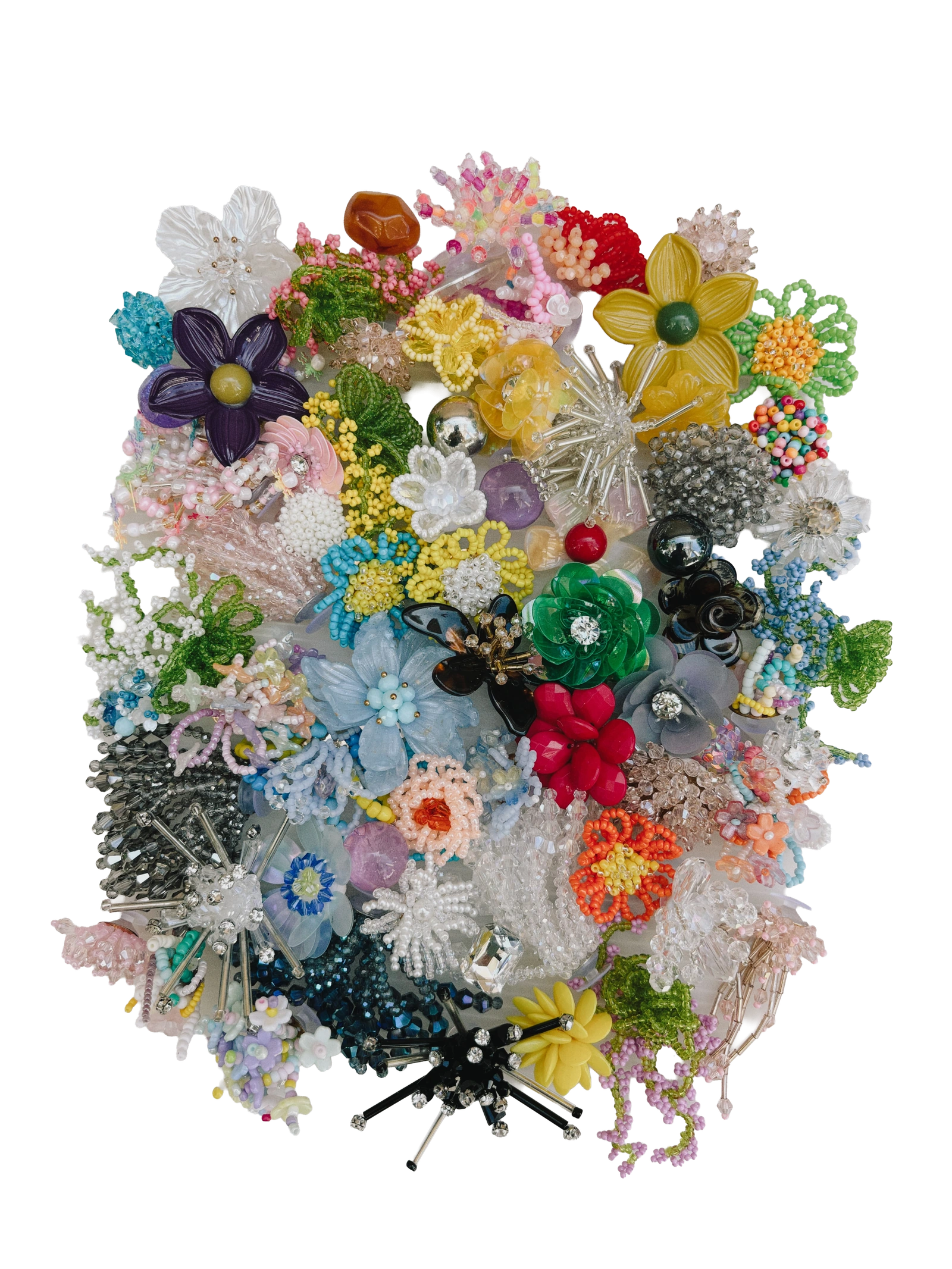 A colorful gathering of beaded and petal flowers